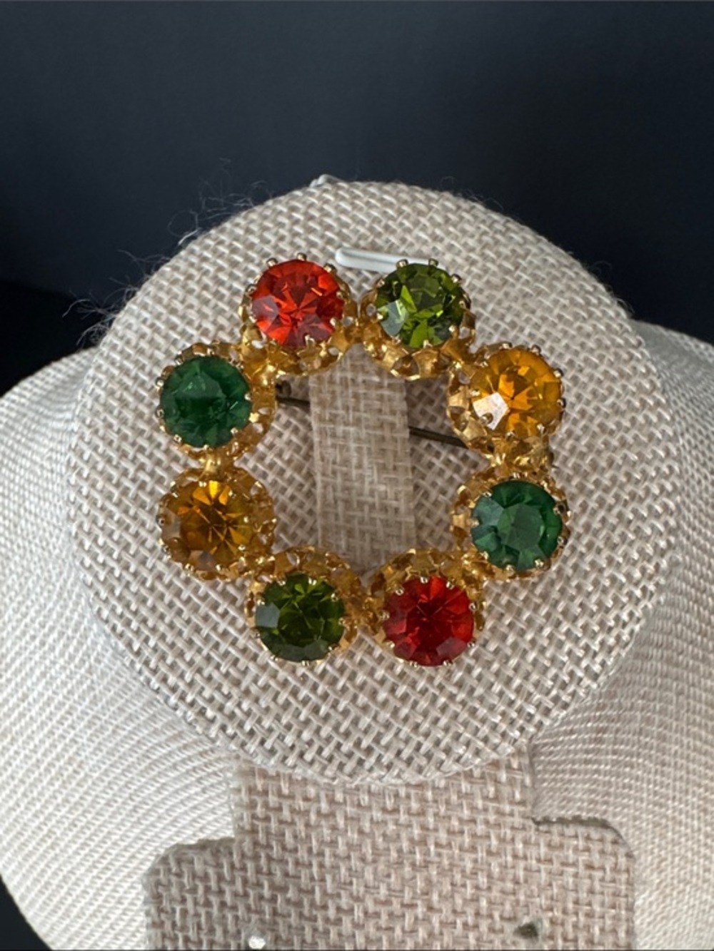 Gold-Tone Multi-Color Crystal Wreath Brooch - Green, Red, Yellow